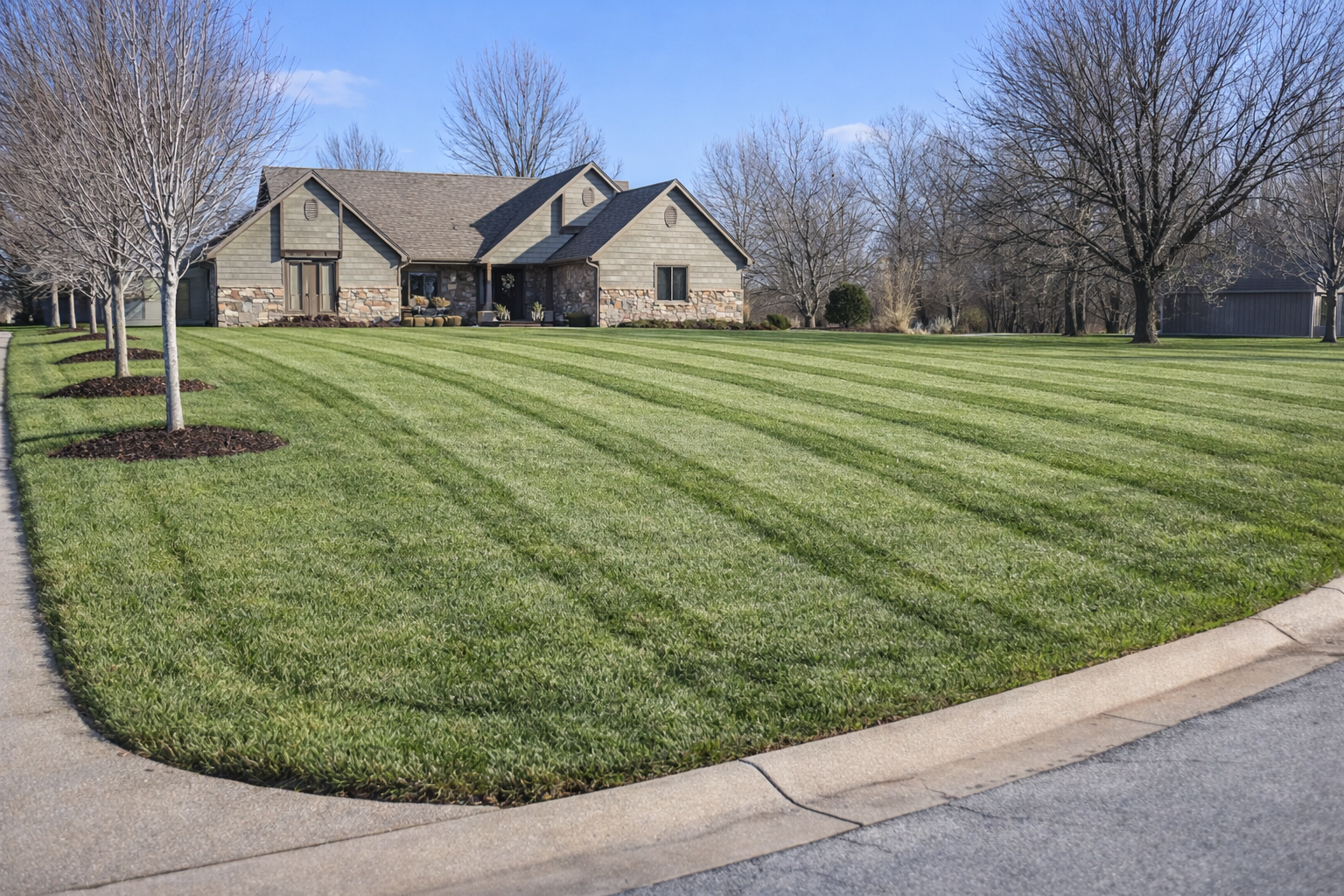 A well-maintained front yard with green grass, newly planted trees on a curved sidewalk, and a large house in the background with a stone and siding exterior, leafless trees, and a clear blue sky.