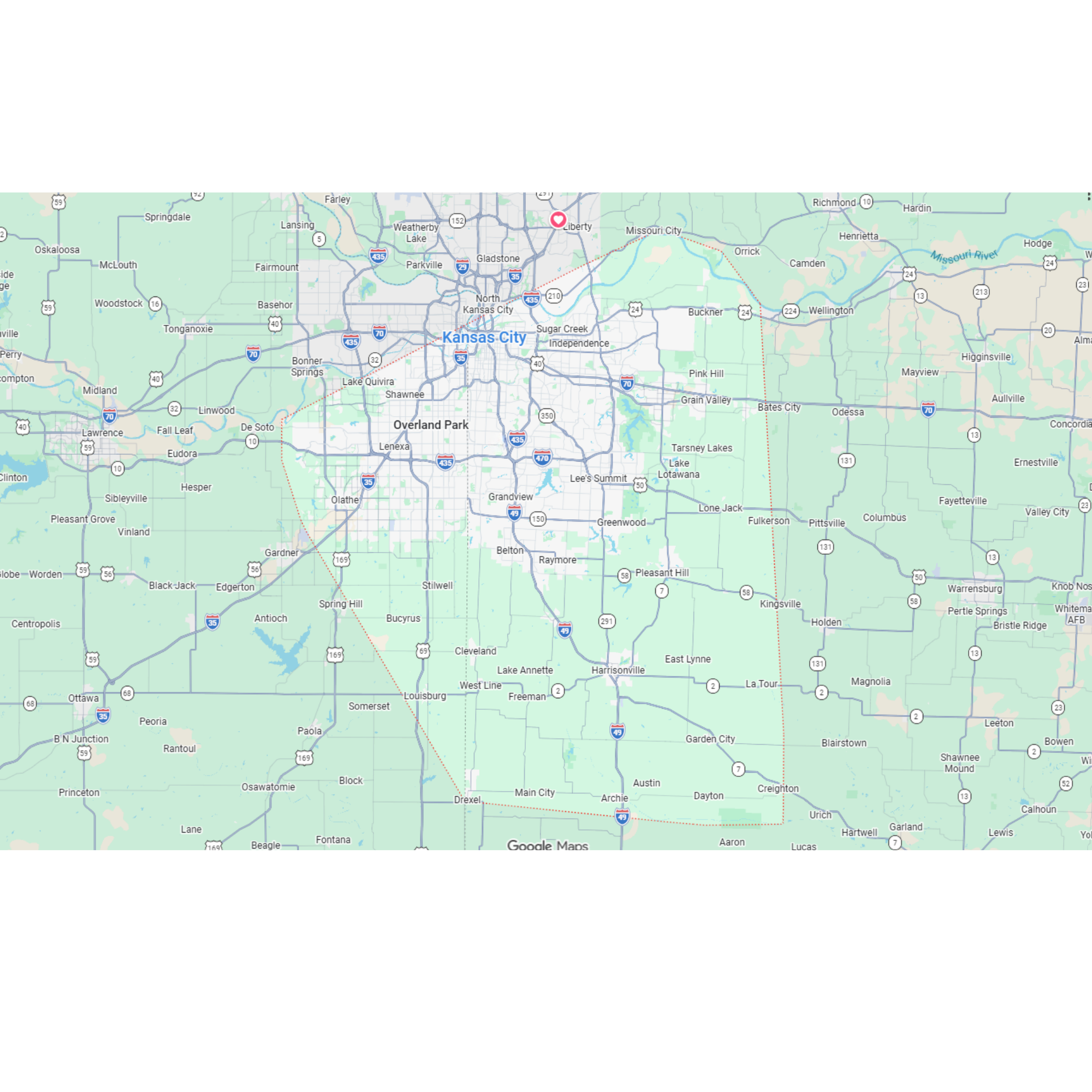 Map of Kansas City, Missouri and surrounding areas.