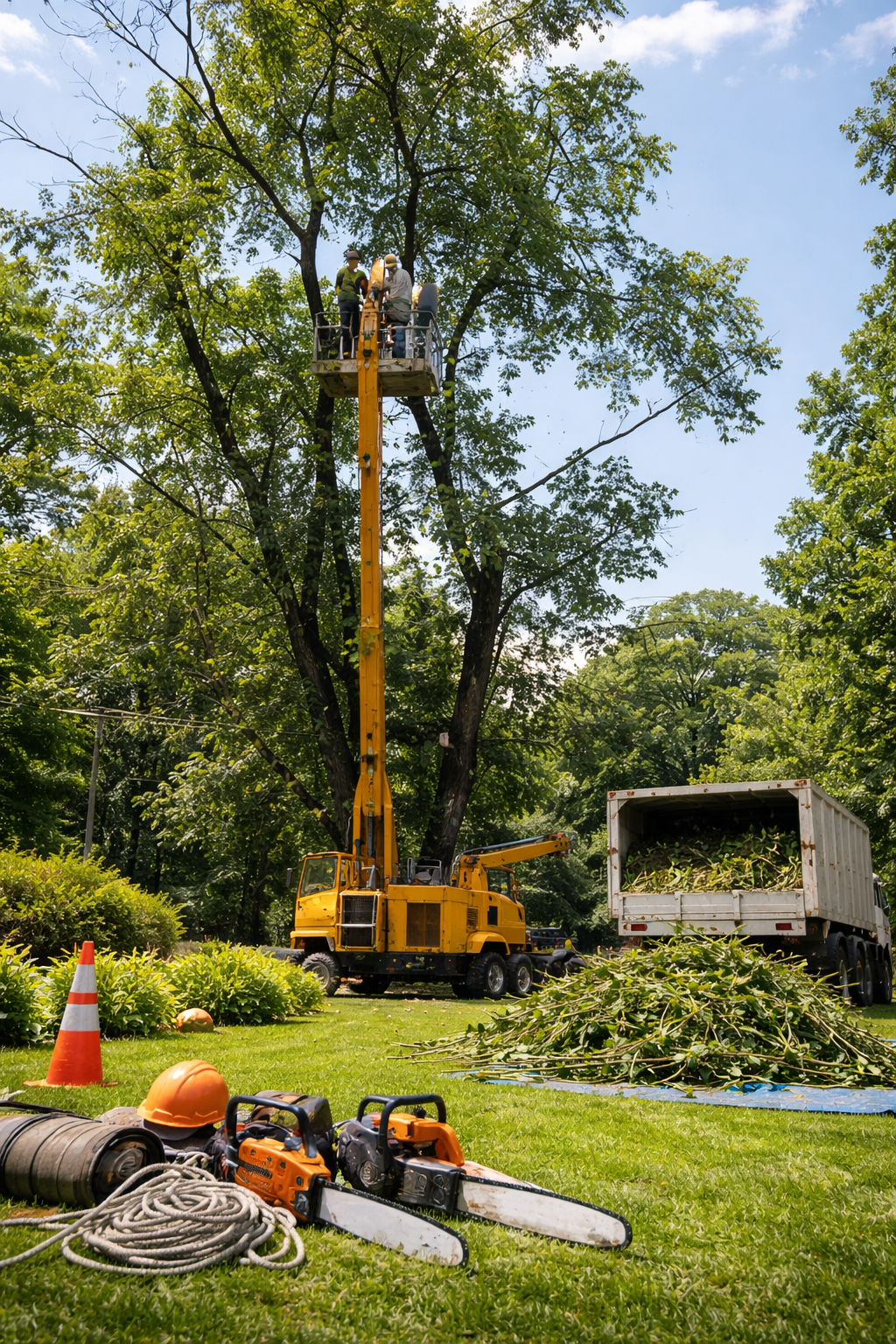 Tree maintenance workers using a cherry picker lift to trim branches from a tall tree in a park, with impact tools and safety gear on the ground.