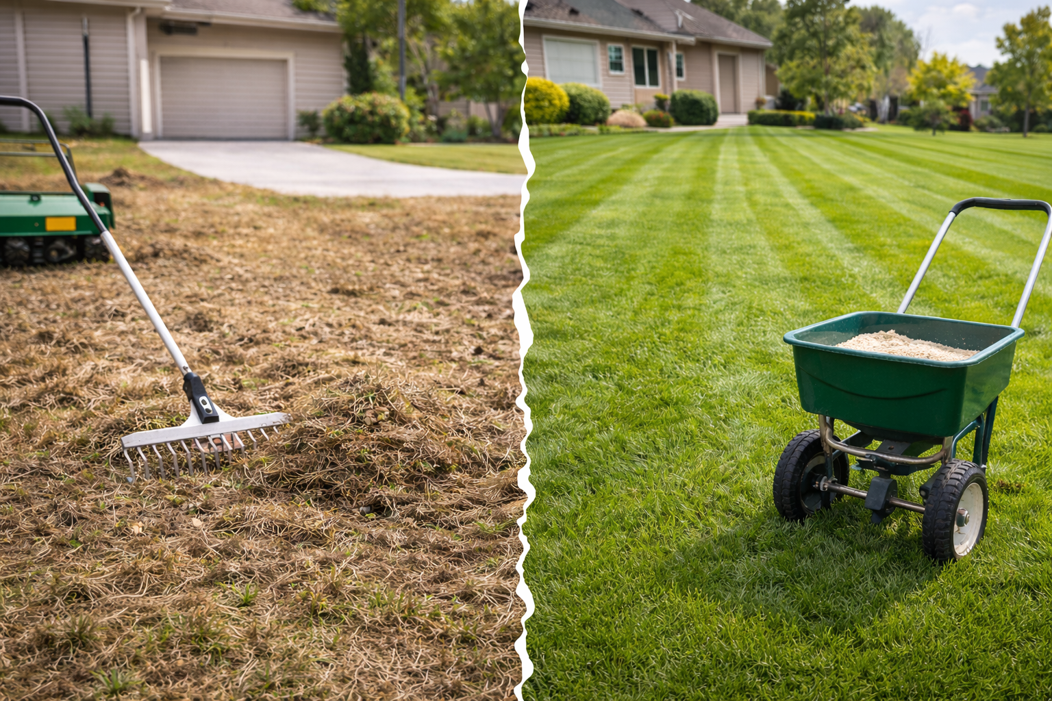 Side-by-side comparison of a yard before and after lawn care. The left side shows a yard with brown, patchy grass and a rake on the ground. The right side shows a lush, green, well-maintained lawn with a green garden cart filled with sand.