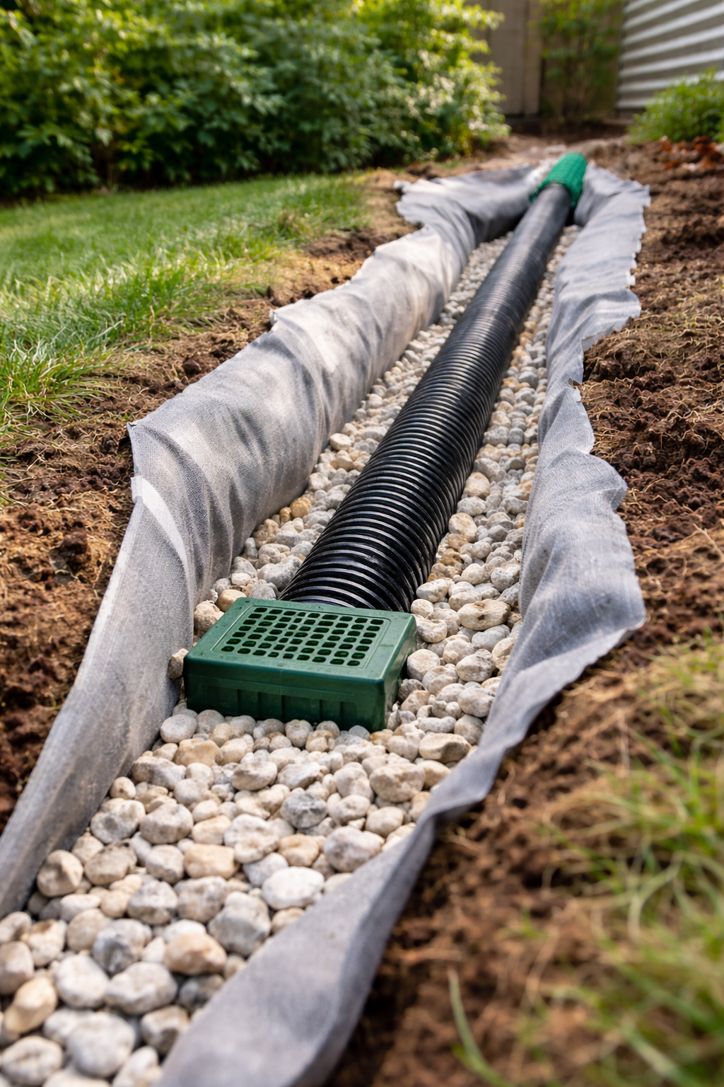 Underground drainage trench with black corrugated pipe, gravel, and fabric lining in a garden.