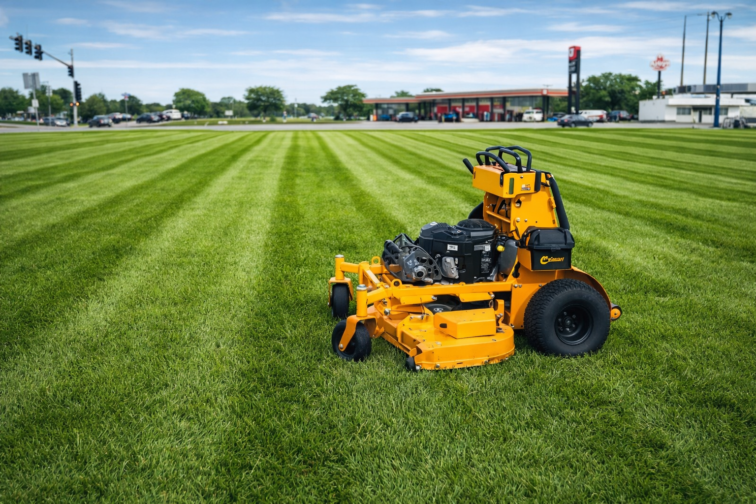 A yellow riding lawn mower on freshly mowed green grass in front of a shopping plaza with cars and trees.