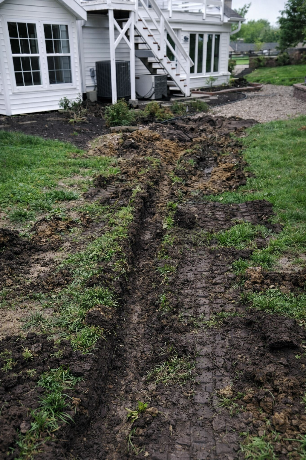 A backyard with a freshly dug trench running from the foreground to the house in the background, with green grass and plants on either side of the trench, and a white house with stairs and an air conditioning unit visible in the background.