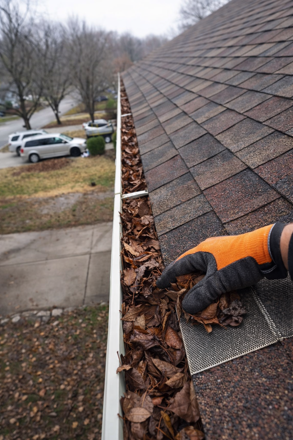 A person wearing gloves cleans autumn leaves out of the roof gutter of a house. The roof has brown shingles, and the gutter is filled with brown leaves. The background shows a residential street with parked cars and leafless trees, indicating fall or winter.