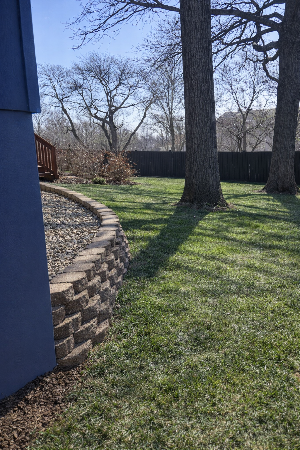 A backyard with green grass, large trees, a black fence, and a blue house wall on the left. Shadows from the trees are cast on the grass, and there are some bushes and a stamped concrete border with rocks.
