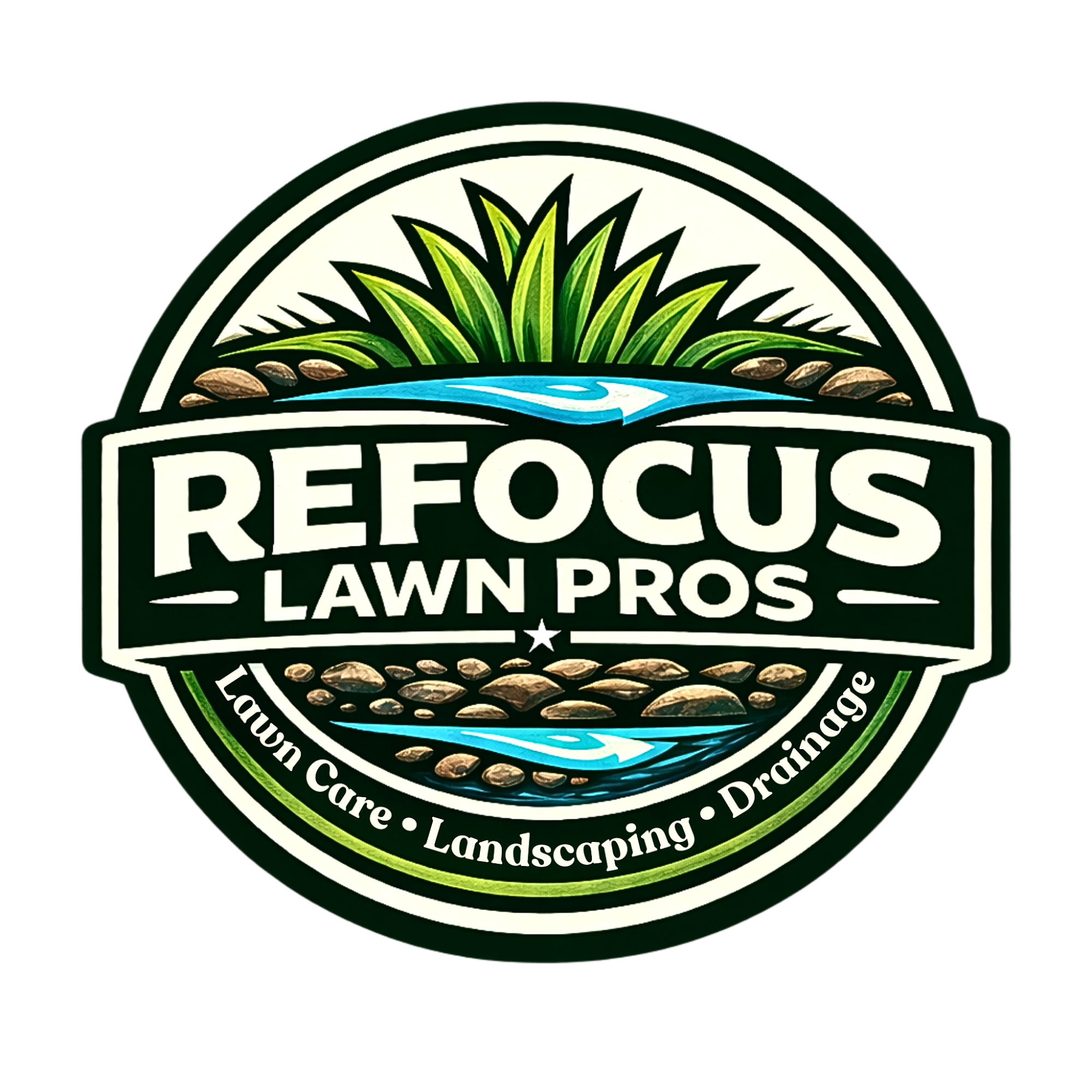 Logo for Refocus Lawn Pros featuring a stylized landscape with green grass, rocks, a water feature, and a circular border containing the words 'Lawn Care,' 'Landscaping,' and 'Drainage.'