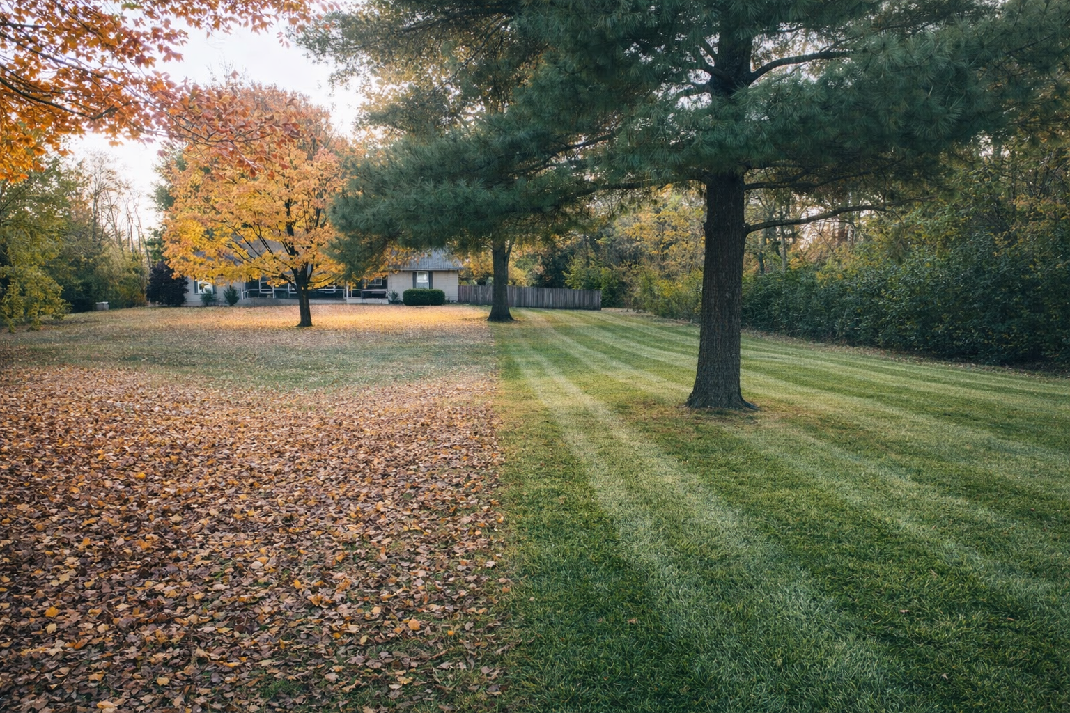 A yard with neatly mowed grass, trees with green and autumn-colored leaves, a house with a porch in the background, and fallen leaves on the ground.
