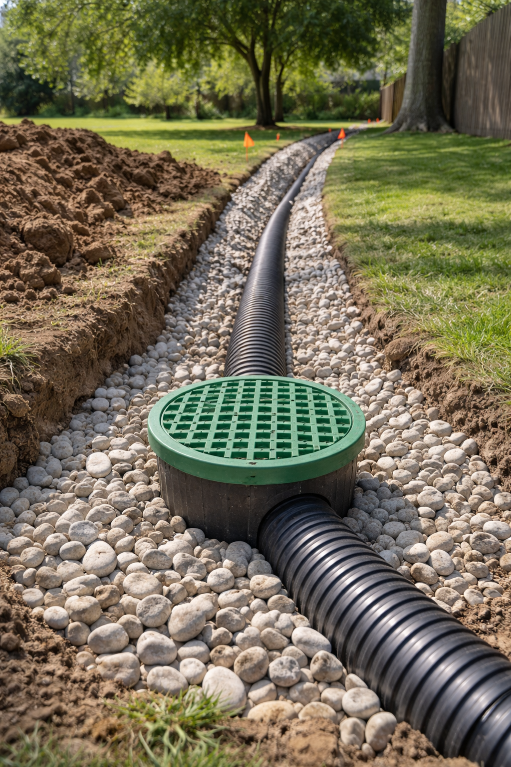 Installation of underground drainage pipe in a backyard with gravel bed and surrounding grass and trees.