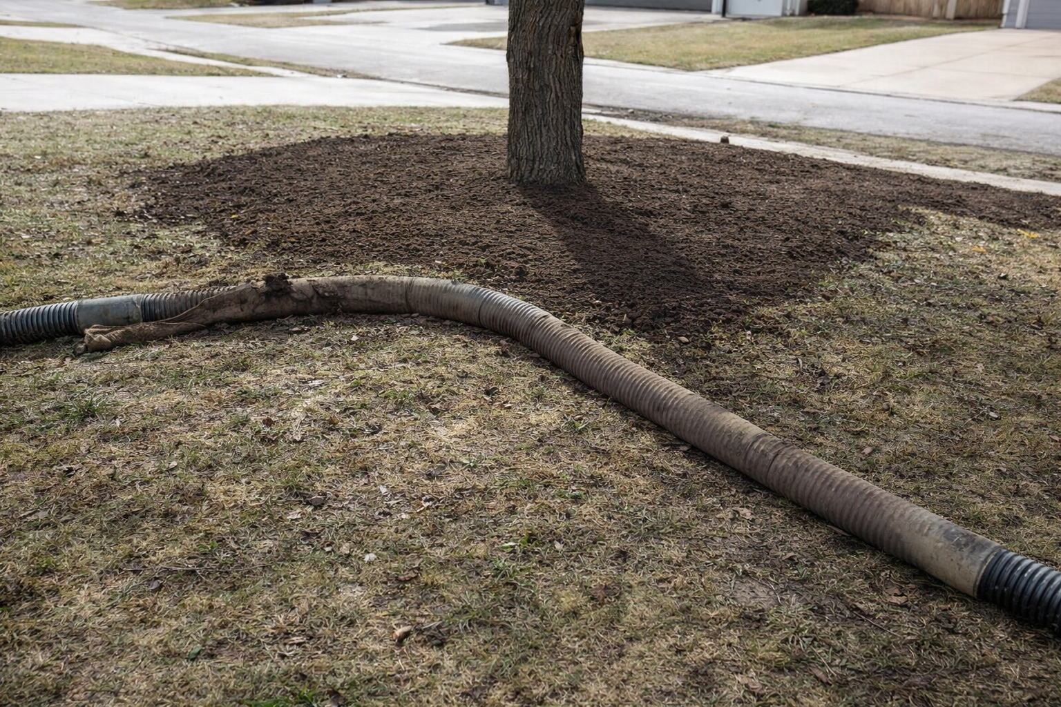 A garden hose lying on the ground next to a newly planted tree with freshly turned soil around its base in a suburban yard.