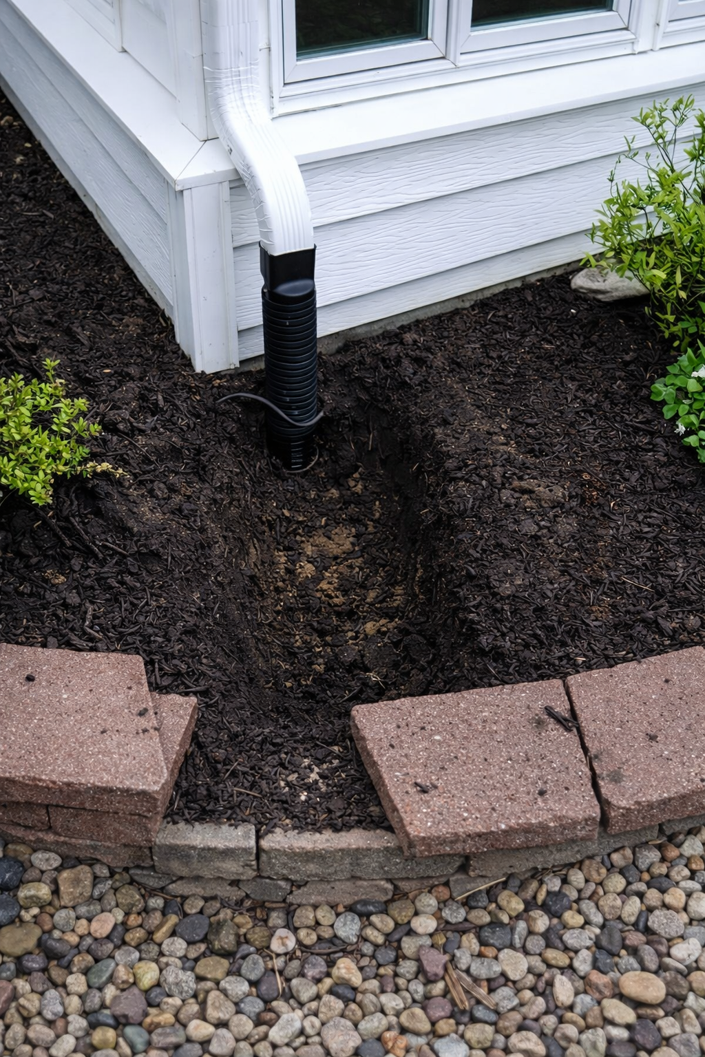 Close-up of a house corner with a black drainage pipe extending from the gutter, set in fresh soil, bordered by brick pavers and small colored stones, with green plants nearby.