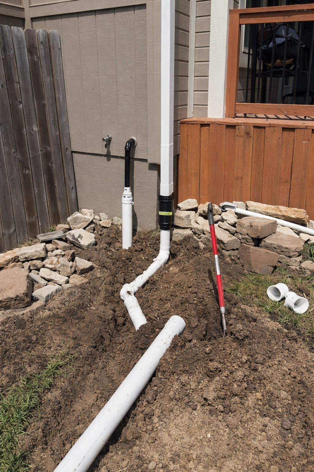 Under construction or repair area with PVC pipes installed next to a house and a wooden porch, with loose dirt, rocks, and tools like a crowbar.