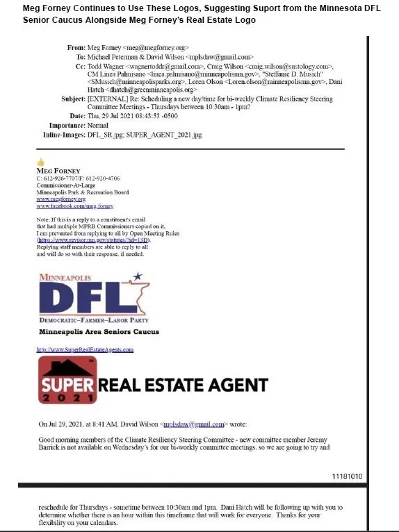 Screenshot of an email discussing support for Minnesota DFL Senior Caucus, featuring logos for DFL and Real Estate Agent, with email headers and text.