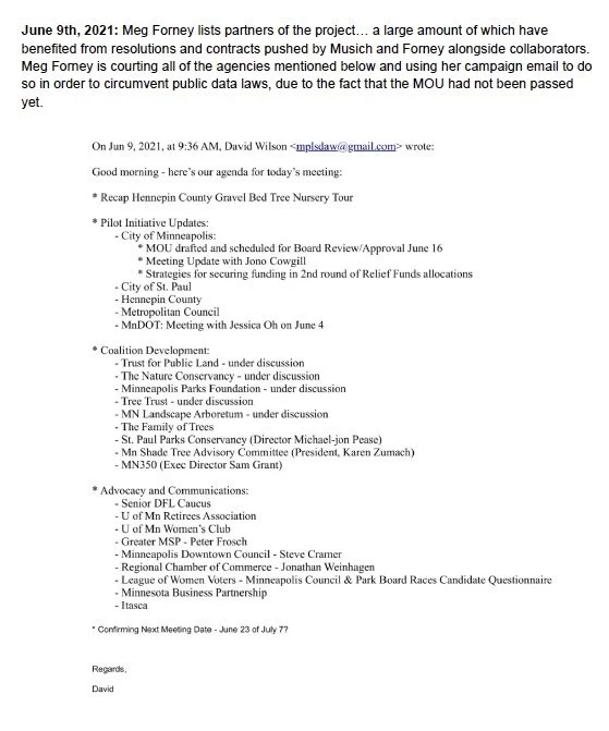 Screenshot of an email detailing agenda items for a meeting on June 9th, 2021, including updates from various initiatives, coalition development, advocacy and communications, and upcoming meeting dates.