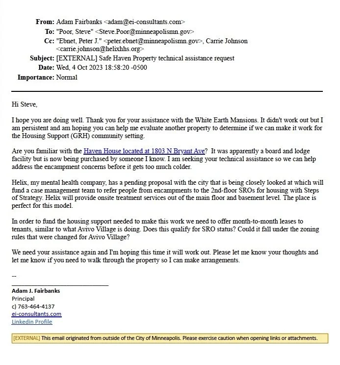 Screenshot of an email discussing property assistance and involving multiple recipients and external note about security.