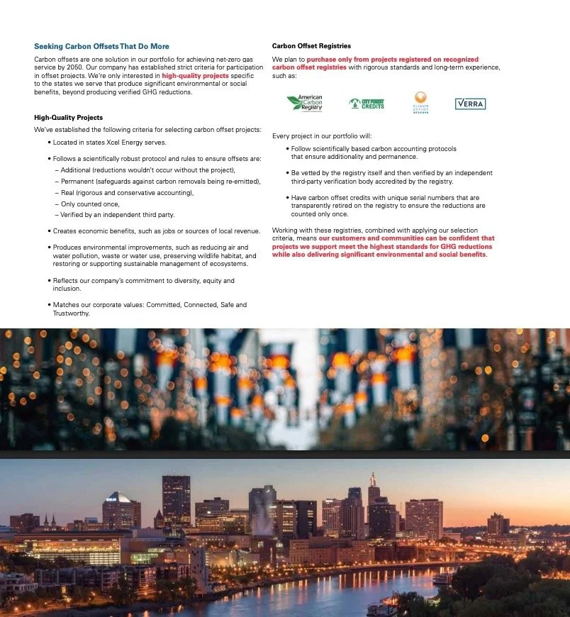 Text about carbon offset projects and certifications, with a city skyline at sunset below.
