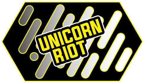 A yellow and black sticker with the words "Unicorn Riot" and a black background with yellow diagonal lines.