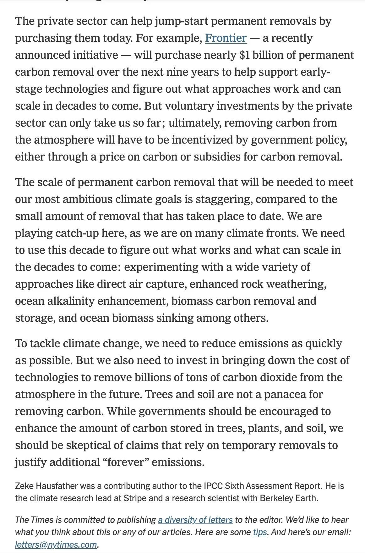 A page of a printed article discusses climate change, carbon removal technologies, and the importance of reducing emissions, with references to Stripe, Berkeley Earth, and the New York Times.