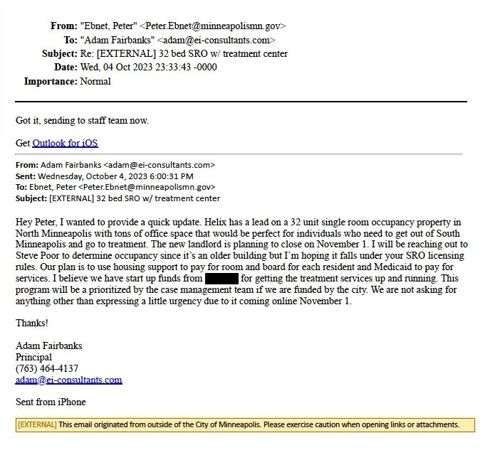 Screenshot of an email conversation discussing a 32-bed single room occupancy property in North Minneapolis, updates on planning, funding, and tenant support, sent by Adam Fairbanks to Peter Ebnet.