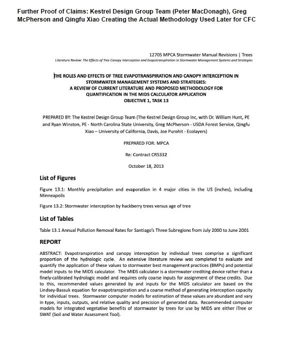 Title page of a technical report on stormwater management, featuring a list of figures, tables, and an abstract about evapotranspiration and canopy interception by trees.