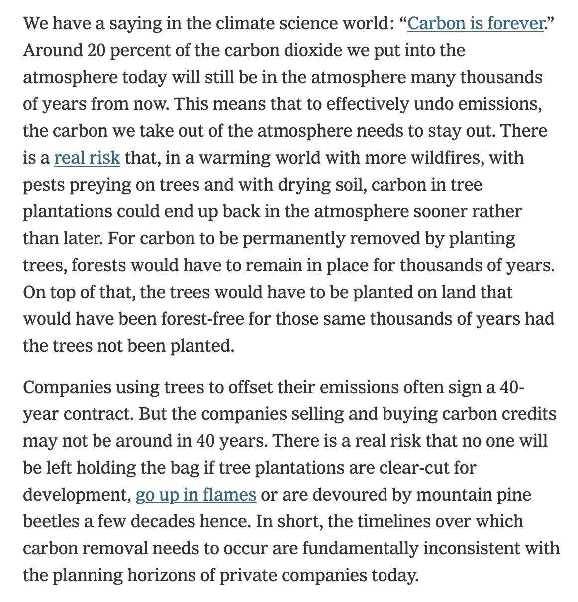 Text discussing climate change, carbon emissions, the importance of planting trees, and the risks of forest fires and mountain pine beetles.