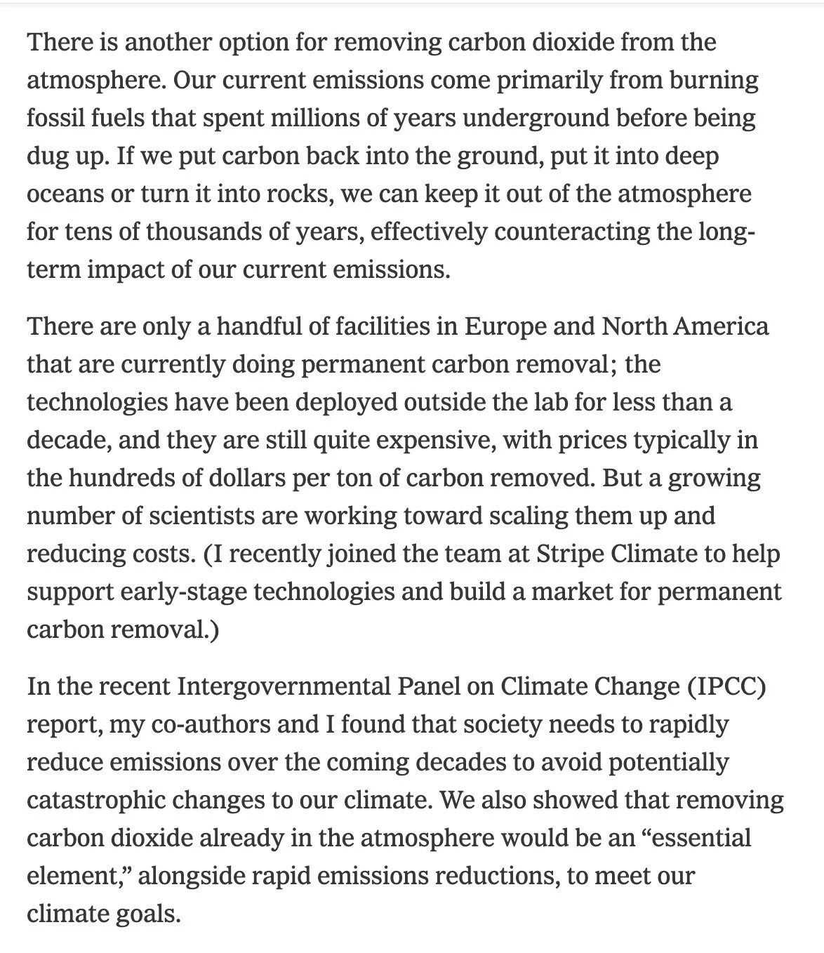 Page of text explaining carbon dioxide removal options and climate change mitigation strategies.