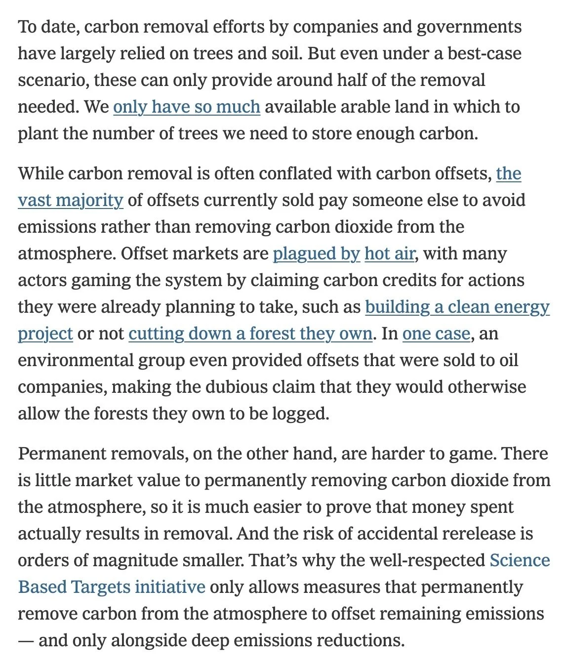 A page of text discussing carbon removal efforts, including reliance on trees and soil, carbon offset markets, and permanent removals.