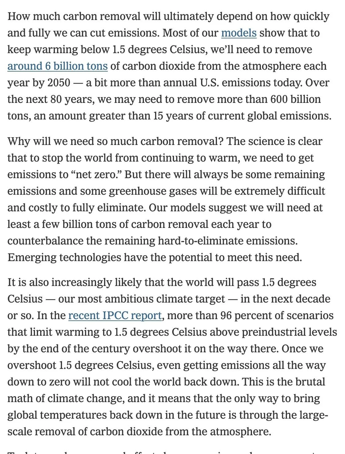 Close-up of a printed page discussing climate change, carbon removal, and related models and reports.