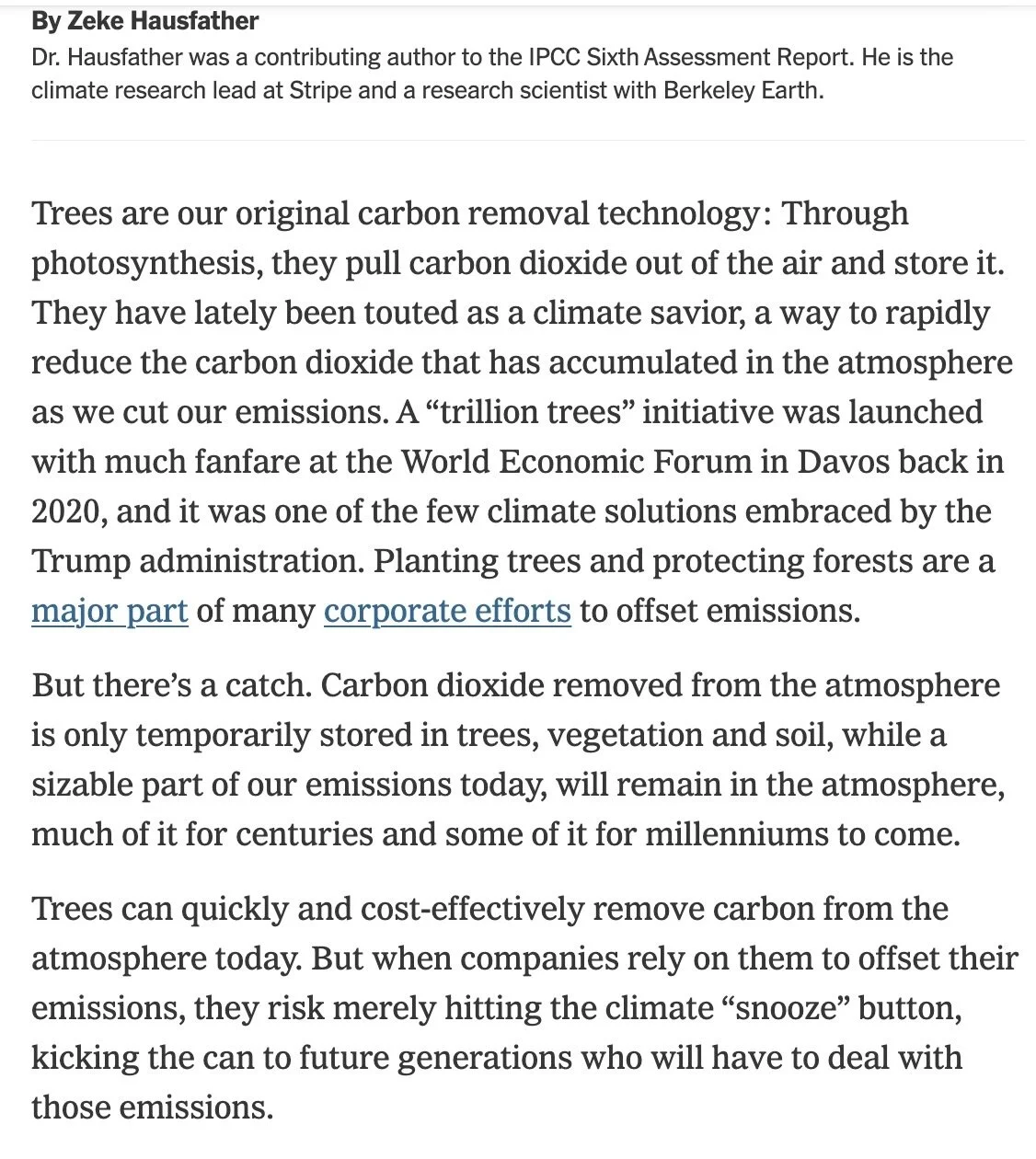 A screenshot of a text article discussing the role of trees in removing carbon dioxide from the atmosphere.