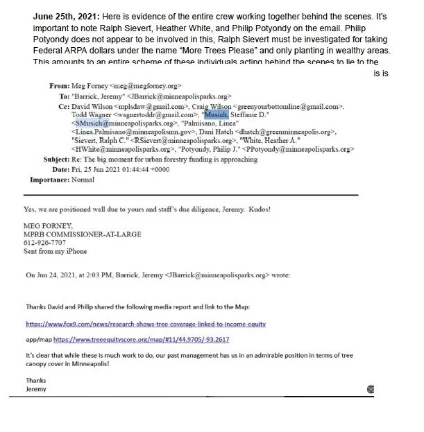 Screenshot of an email with detailed message content about urban forestry funding, media reports, and map links, including sender and recipient information.