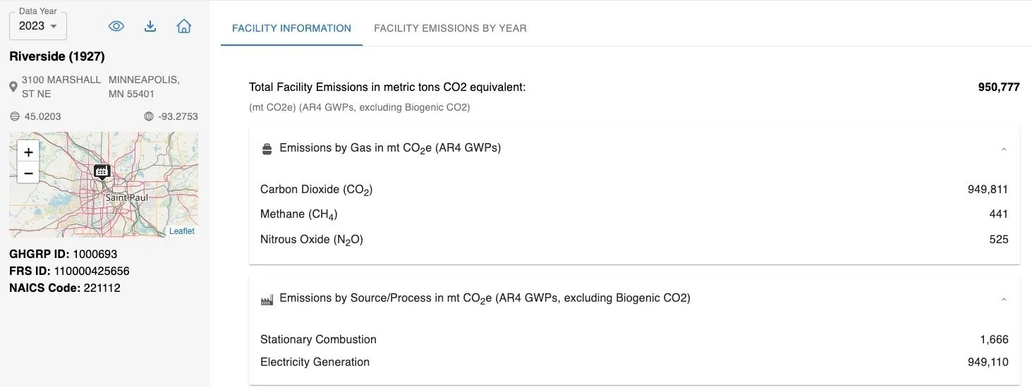 Data report on emissions for Riverside, Minnesota, 1927, showing total emissions, breakdown by gas type, and source processes, with a map of the location.