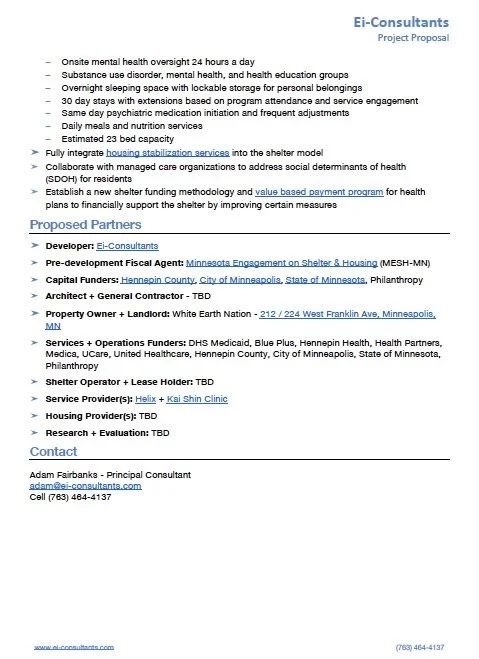 Screenshot of a document outlining a project proposal for housing stabilization services, including details on onsite mental health oversight, substance use disorder education, and collaboration with various partners.