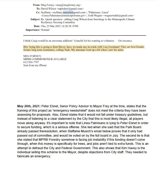 An email correspondence discussing a person named Craig Wilson, with a highlighted section stating that Craig Wilson is going to Kim Harvey, who is described as a good friend and former college roommate. The email is from Meg Forney, sent on March 25, 2021, from an iPhone, and mentions a discussion about a proposal or project related to the Minneapolis Climate Resilience Steering Committee.