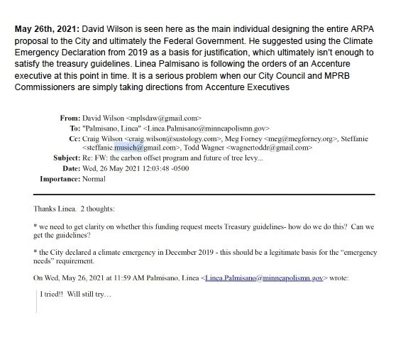 Screenshot of an email discussing city council and MPHR commissioners' response to climate emergency and funding guidelines, dated May 26, 2021.