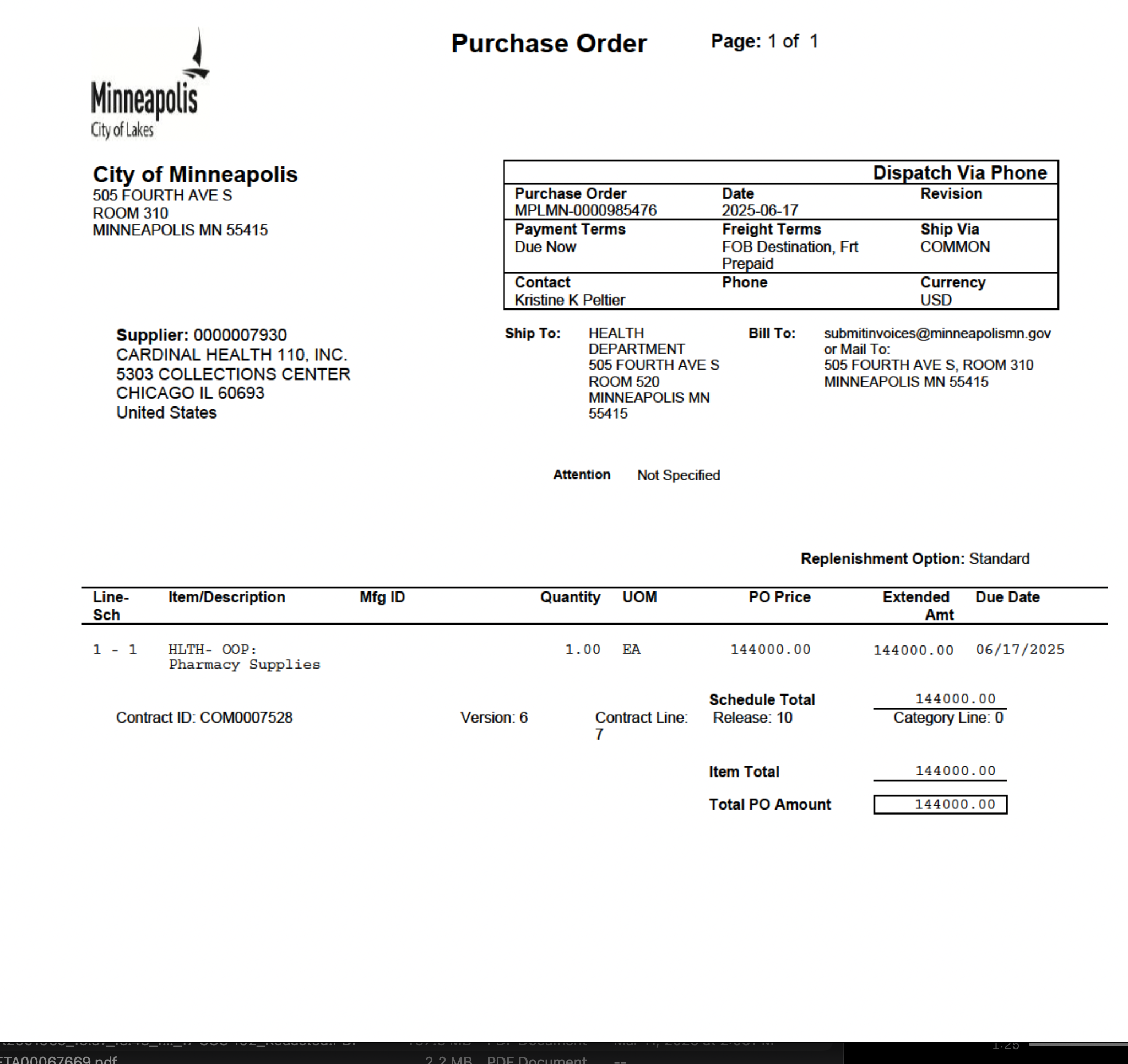 Purchase order form from Minneapolis City of Lakes for pharmacy supplies, including item description, quantity, price, and due date, issued to Cardinal Health 110, Inc.
