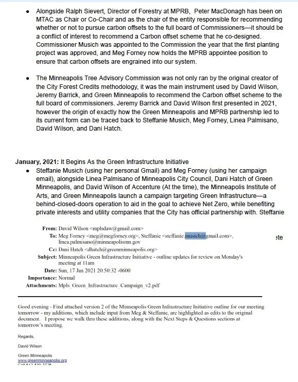 Screenshot of an email discussing the Minneapolis Green Infrastructure Initiative. It mentions individuals, organizations, and dates related to the project, including project details, historical context, and meeting preparations.