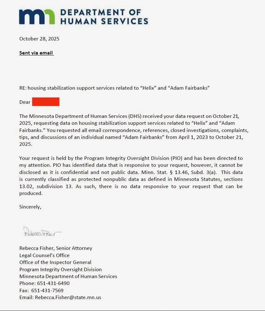 Official letterhead from the Minnesota Department of Human Services, dated October 28, 2025, regarding housing stabilization support services, addressed to an individual, signed by Rebecca Fisher, Senior Attorney.