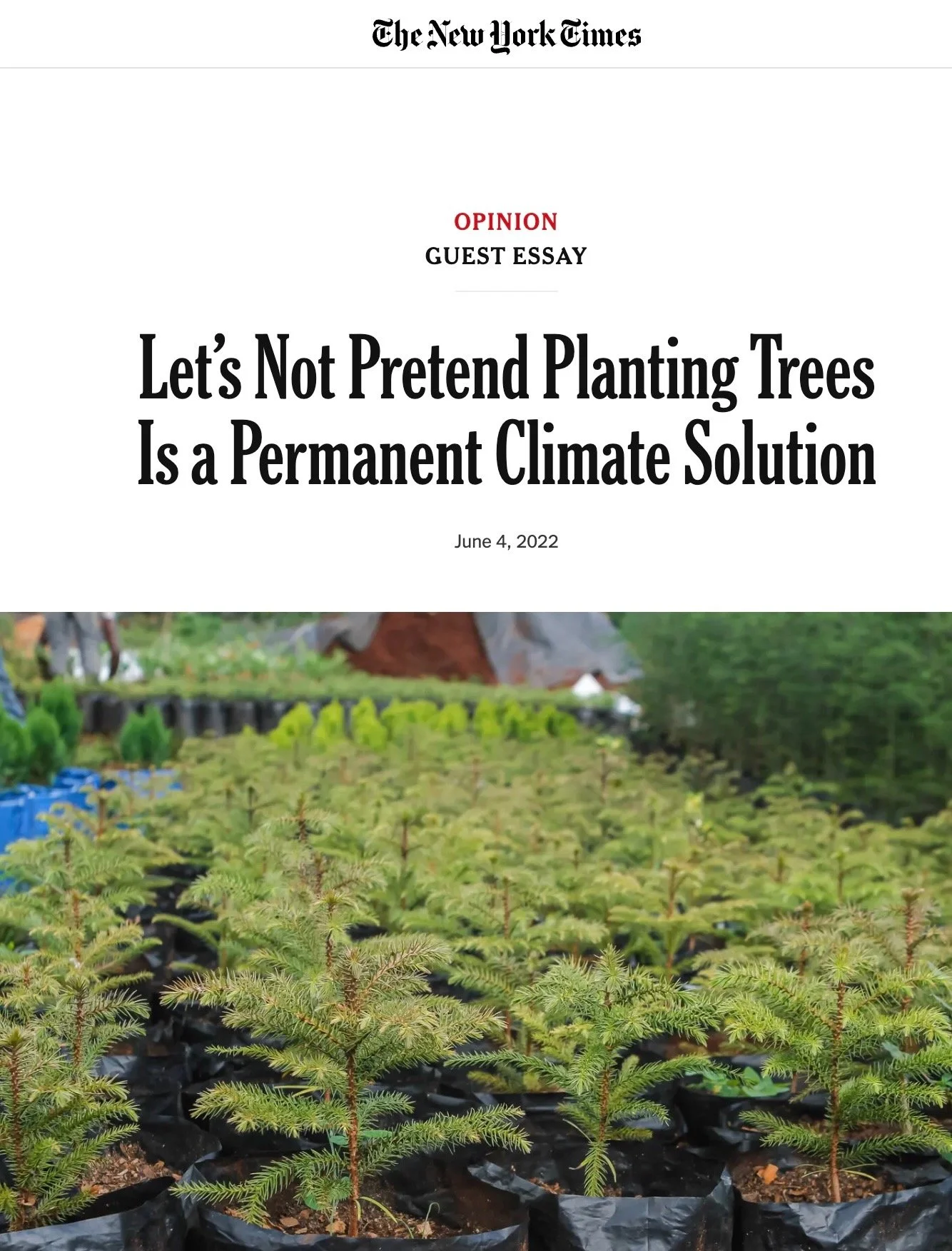 A cover page of The New York Times opinion article titled 'Let's Not Pretend Planting Trees Is a Permanent Climate Solution' with a photograph of young potted trees in a nursery.