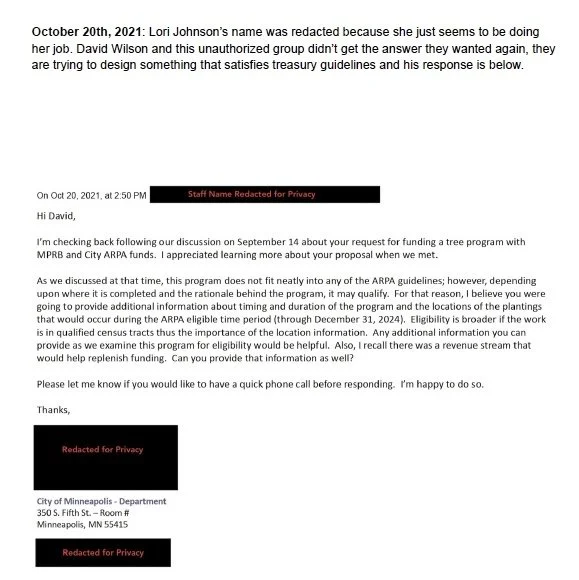 Email message discussing a request for funding a tree program, with redacted sections labeled 'Redacted for Privacy' and 'Staff Name Redacted for Privacy'.