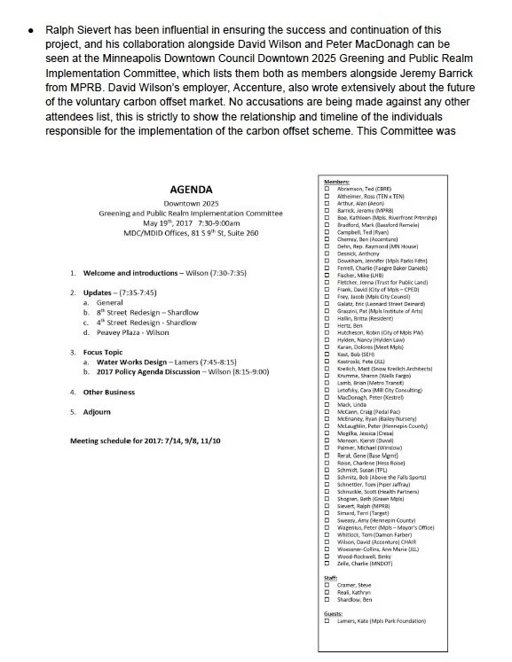 A detailed agenda for a Downtown 2025 Greening and Public Realm Implementation Committee meeting, including topics such as updates on street redesigns, water works design, and policy discussions, with a list of attendees and staff.