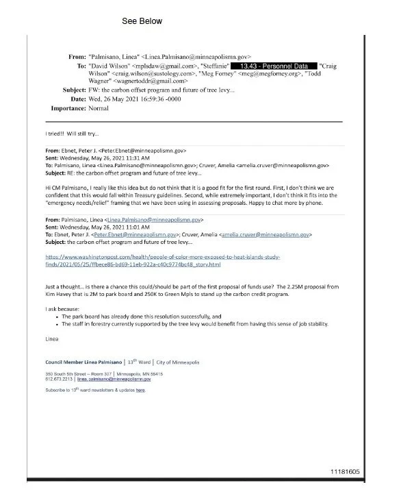 Screenshot of an email conversation discussing carbon offset programs and funding proposals related to tree planting and climate initiatives.