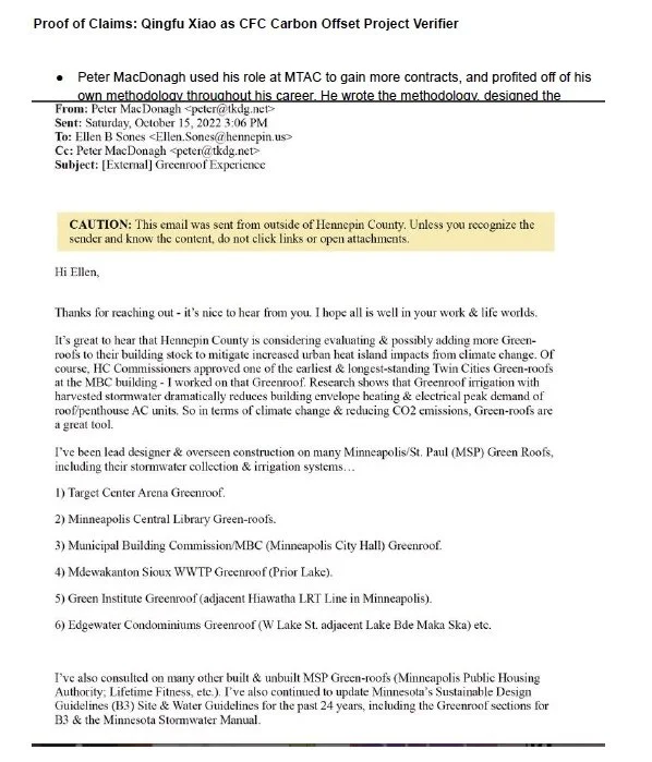 Email excerpt discussing Qingfu Xiao's role as CFC Carbon Offset Project Verifier, including contact details, project specifics, and green roof initiatives in Minneapolis.