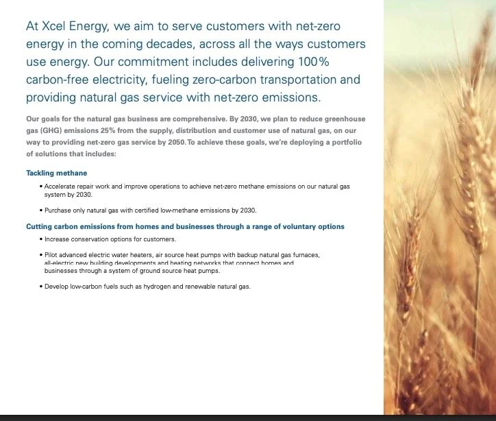 A document from Xcel Energy outlining their goals for producing 100% carbon-free electricity and reducing greenhouse gas emissions by 2030, with a background image of a wheat field on the right side.