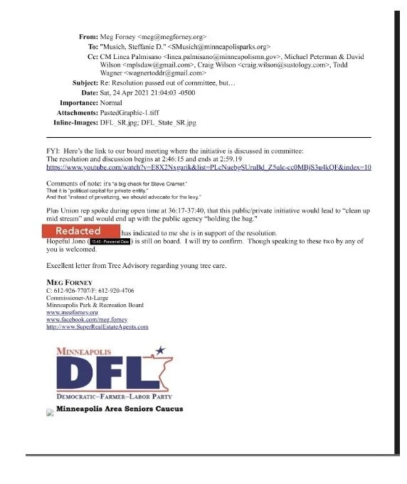 Screenshot of an email discussing a board meeting, with a logo of Minneapolis Area Seniors Caucus at the bottom.