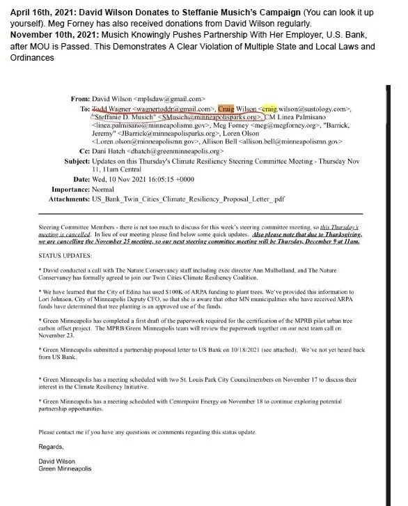 Email correspondence discussing updates on the Twin Cities Climate Resiliency Proposal Meeting, including meeting cancellations, project status, and upcoming discussions.