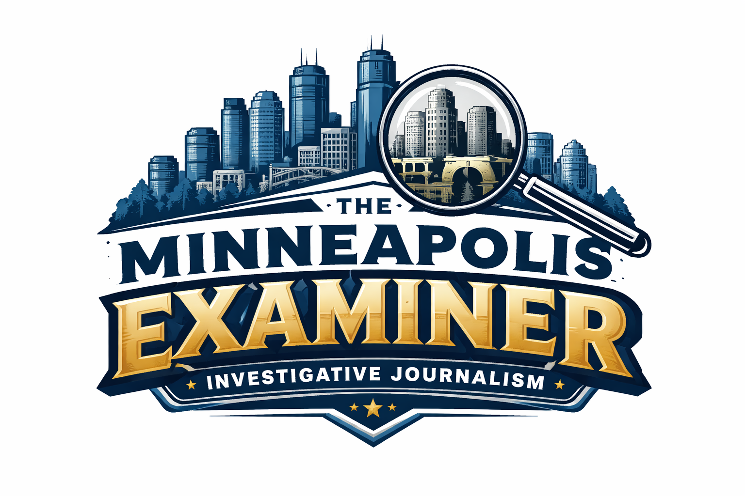 Logo for The Minneapolis Examiner with a city skyline, a magnifying glass, and the tagline 'Investigative Journalism'.