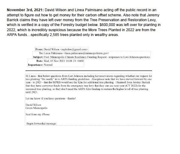 Screenshot of an email discussing a conversation with Lori Johnson regarding tree planting reservations and funding requests.