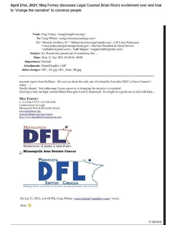 Screenshot of an email discussion about a legal matter, featuring logos of Minneapolis Democratic-Farmer-Labor Party and Minnesota Senior Caucus, and an email exchange from April 21, 2021.