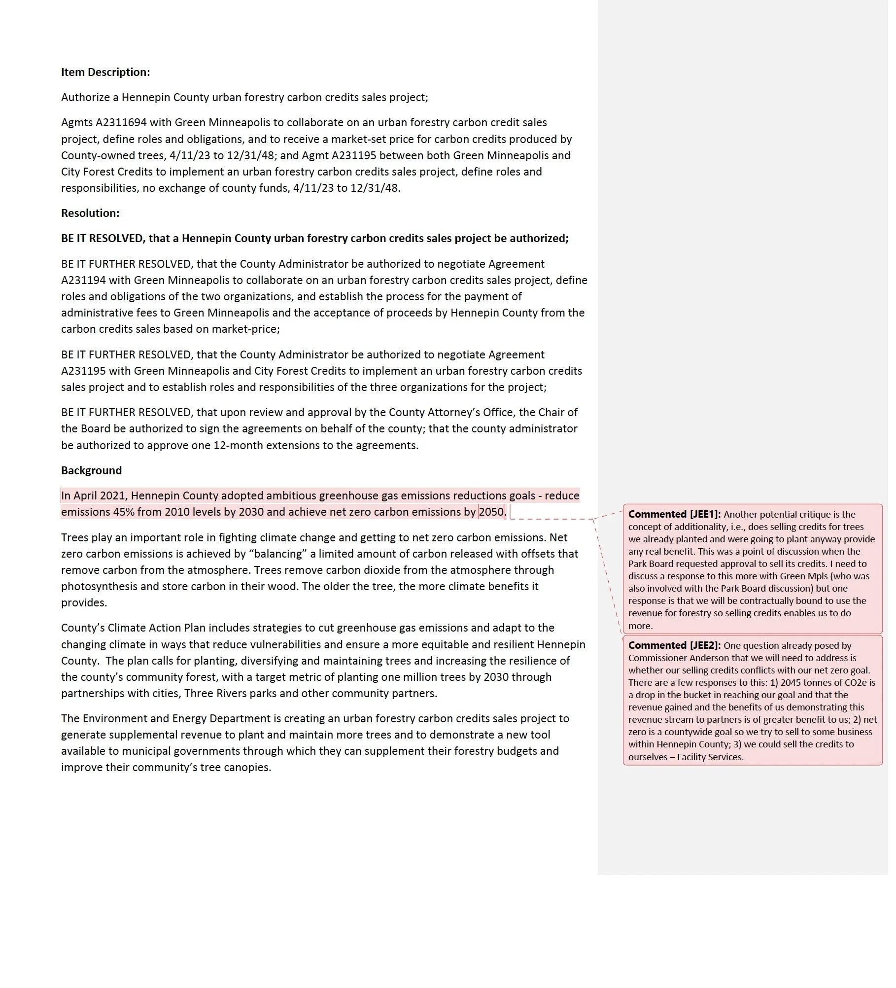 A document discussing Hennepin County's urban forestry carbon credits project, including background on greenhouse gas reduction goals, specific resolutions, and comments with questions related to carbon credit sales and revenue.