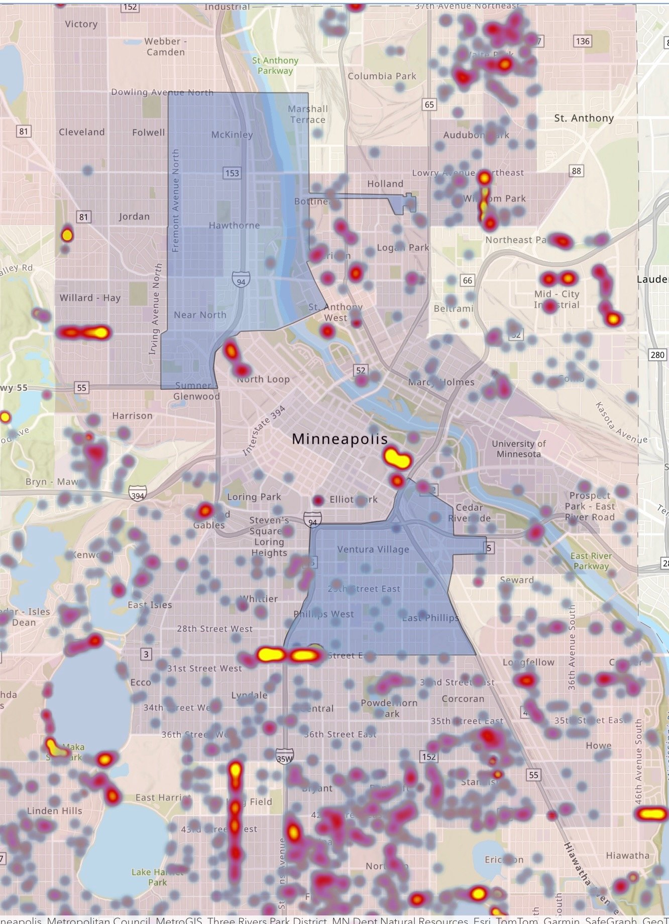 Map of Minneapolis showing density of incidents with heat spots, including downtown, along major roads, and surrounding neighborhoods.