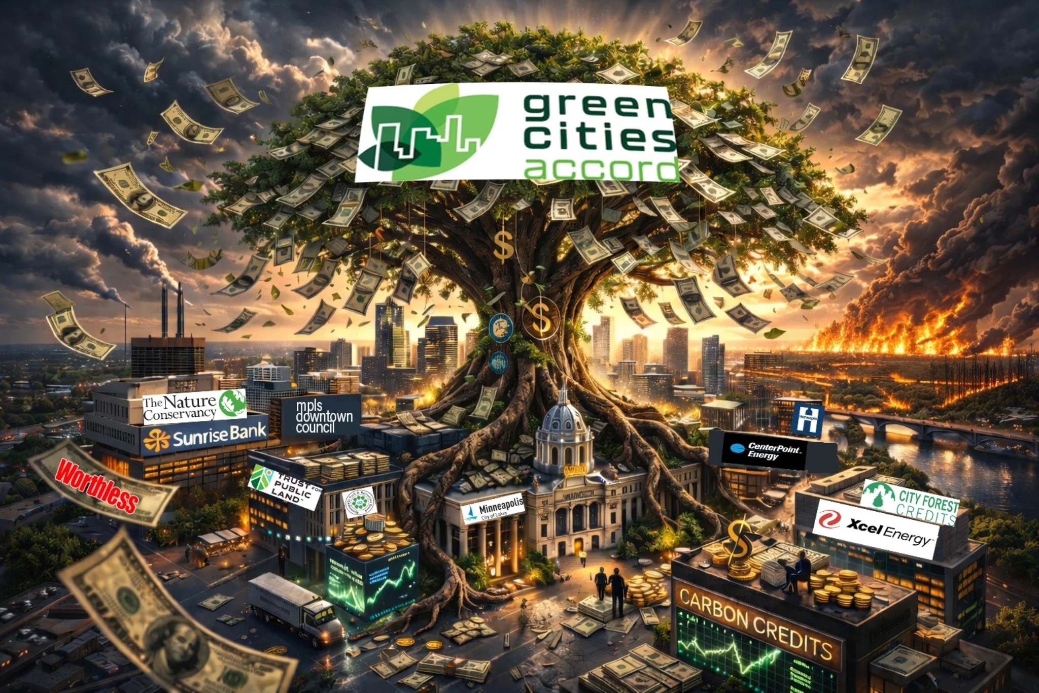 Abstract logo design with green leaves and a stylized city skyline.